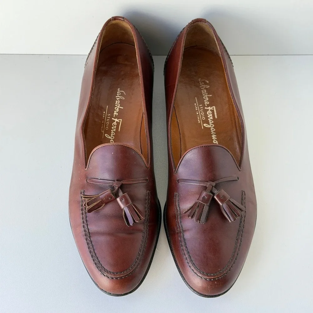 Vintage Salvatore Ferragamo Tassel Loafers Mens 9.5 D Brown Leather Dress Shoes